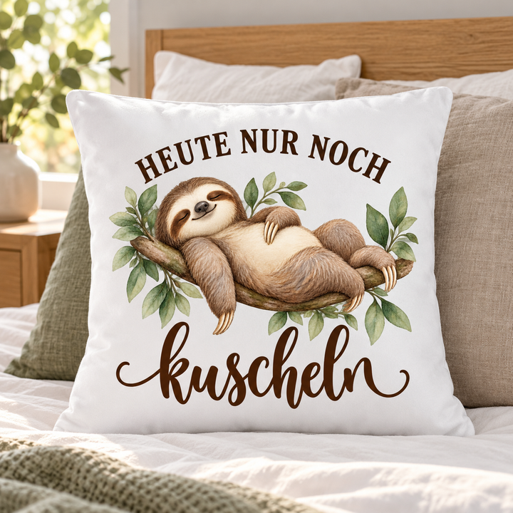 Weißes Faultier-Kissen Heute nur noch kuscheln, 40 x 40 cm mit Füllung – im Schlafzimmer