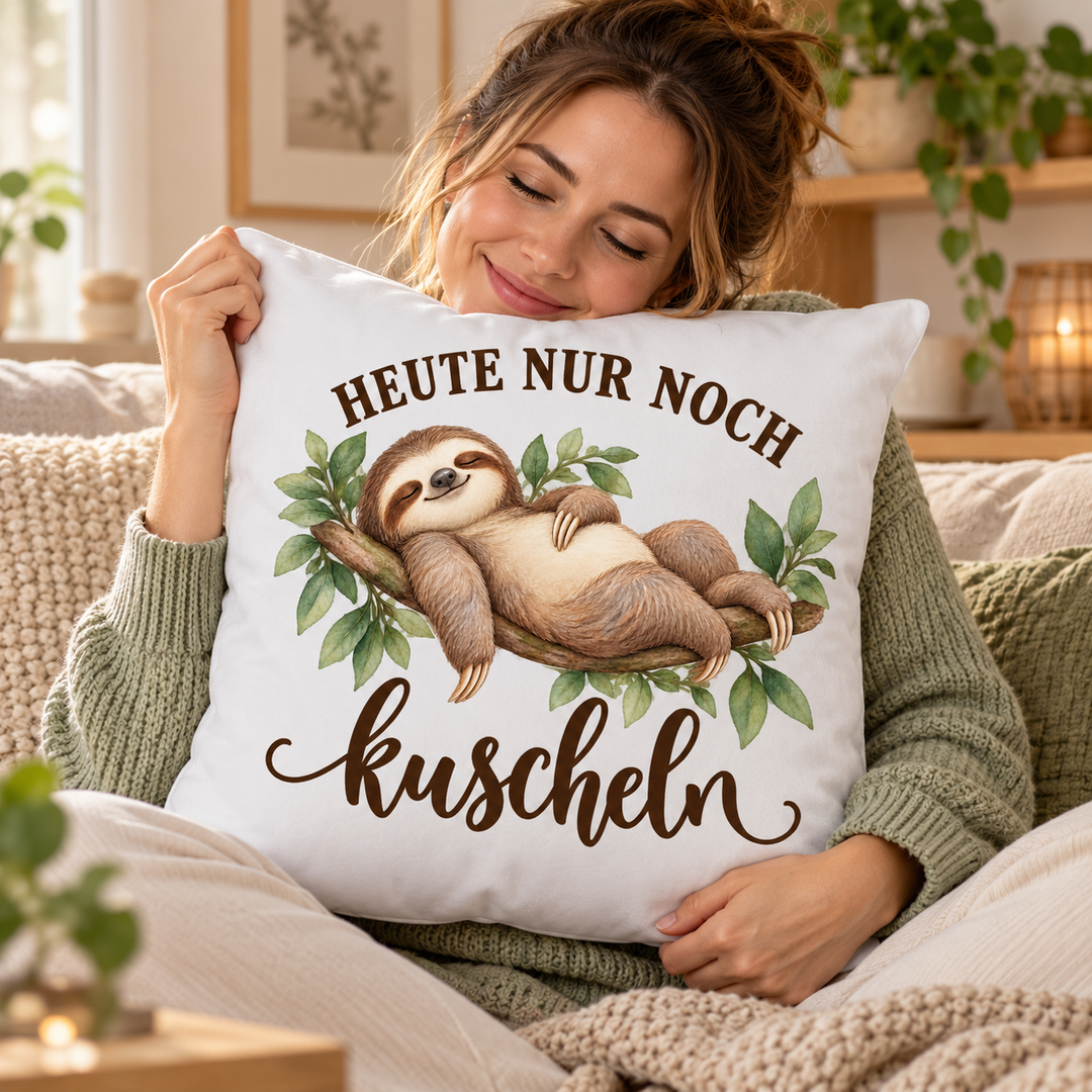 Weißes Faultier-Kissen Heute nur noch kuscheln, 40 x 40 cm mit Füllung – als Geschenk