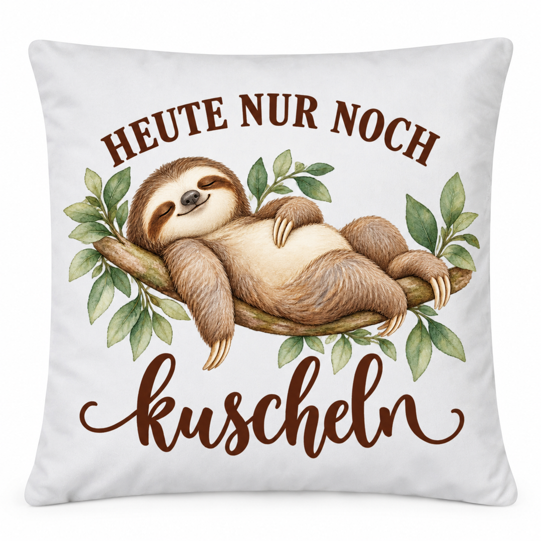 Weißes Faultier-Kissen Heute nur noch kuscheln, 40 x 40 cm mit Füllung – Produktansicht