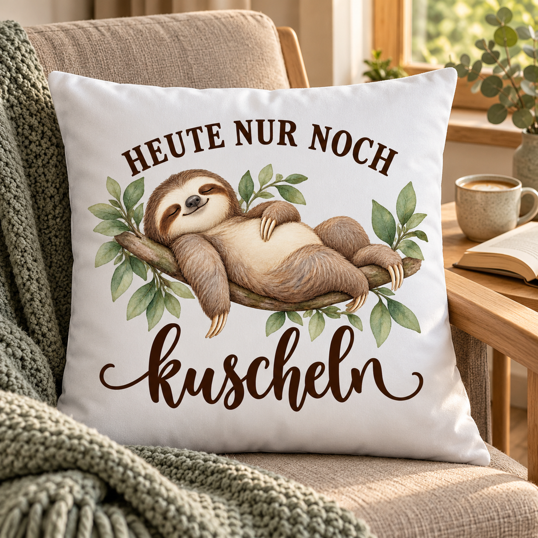 Weißes Faultier-Kissen Heute nur noch kuscheln, 40 x 40 cm mit Füllung – in der Leseecke