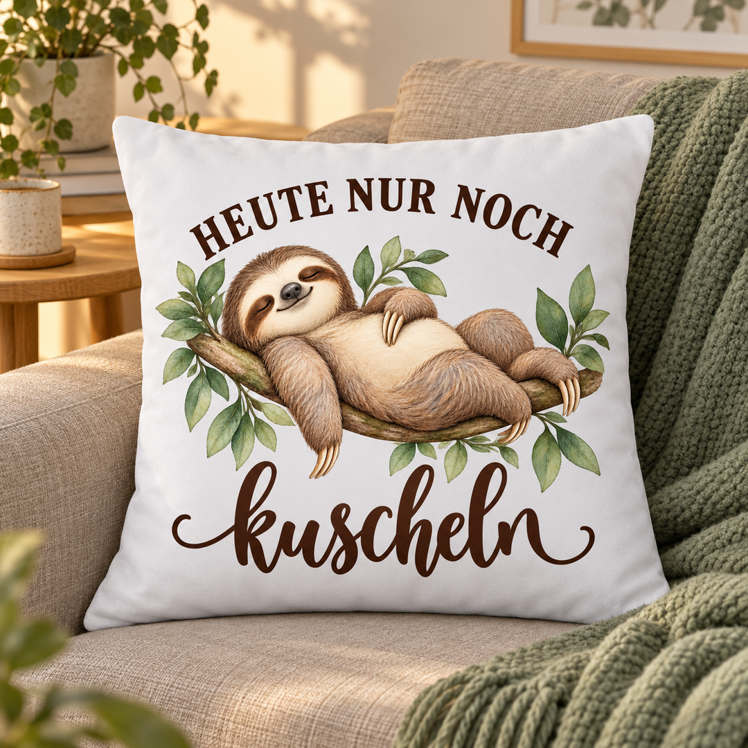 Weißes Faultier-Kissen Heute nur noch kuscheln, 40 x 40 cm mit Füllung – auf dem Sofa