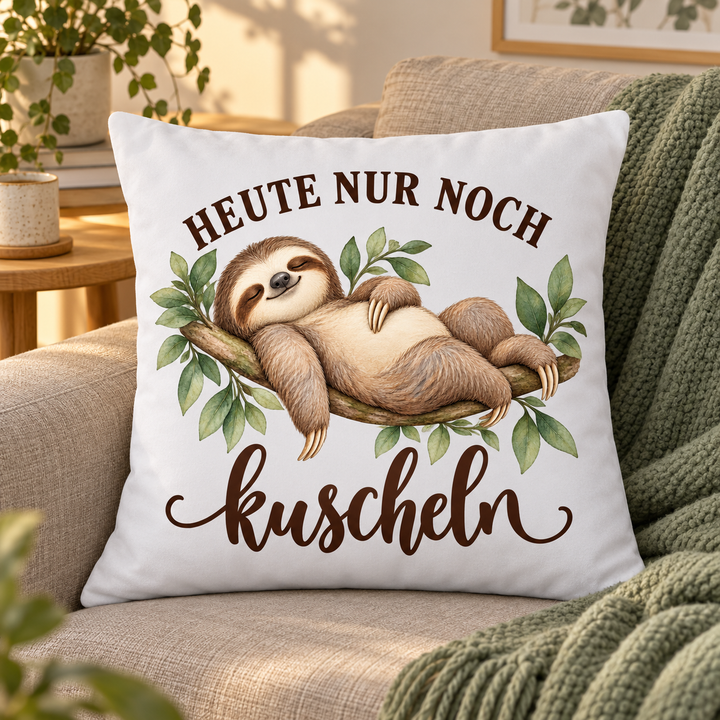 Weißes Faultier-Kissen Heute nur noch kuscheln, 40 x 40 cm mit Füllung – auf dem Sofa