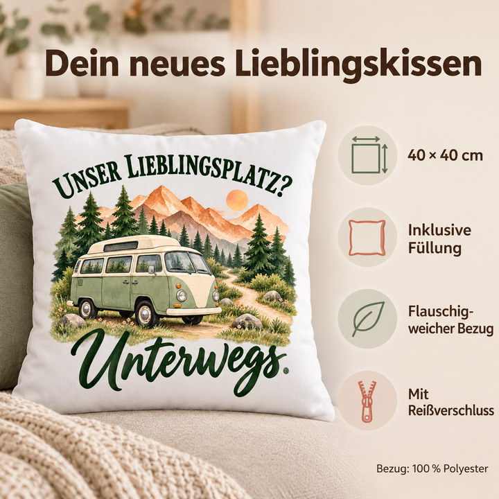 Weißes Camping-Kissen Unser Lieblingsplatz? Unterwegs., 40 x 40 cm mit Füllung – Vorteile mit Füllung und Reißverschluss