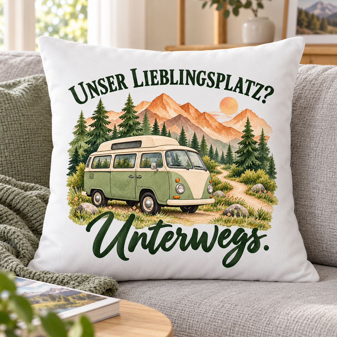 Weißes Camping-Kissen Unser Lieblingsplatz? Unterwegs., 40 x 40 cm mit Füllung – auf dem Sofa