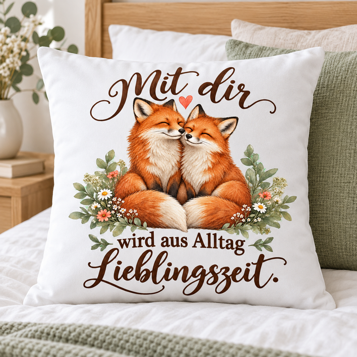 Weißes Fuchs-Kissen Mit dir wird aus Alltag Lieblingszeit – im Schlafzimmer