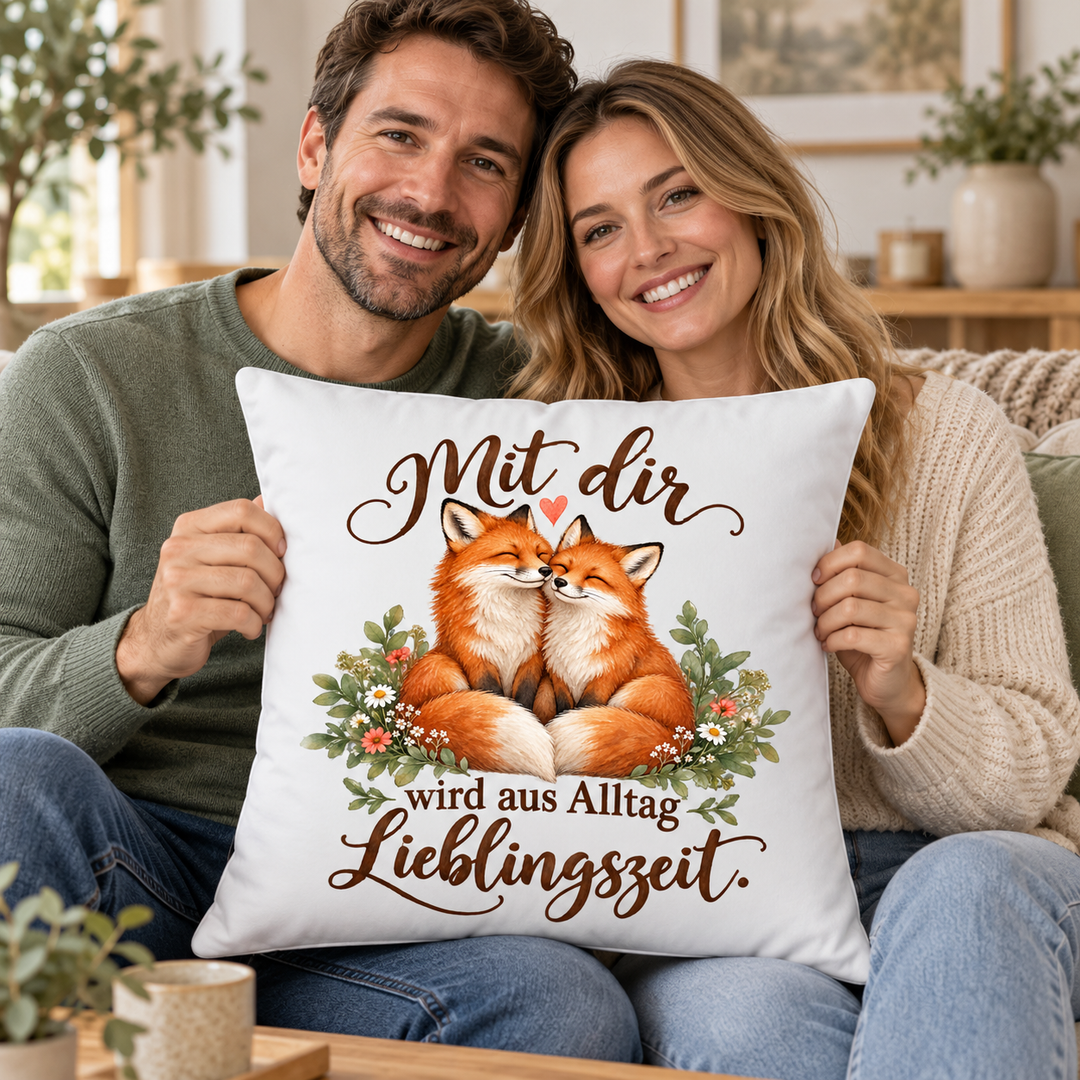 Weißes Fuchs-Kissen Mit dir wird aus Alltag Lieblingszeit – Geschenk für Paare