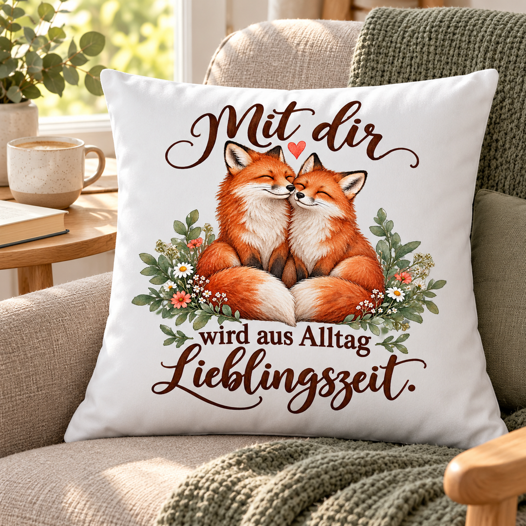 Weißes Fuchs-Kissen Mit dir wird aus Alltag Lieblingszeit – in der Leseecke
