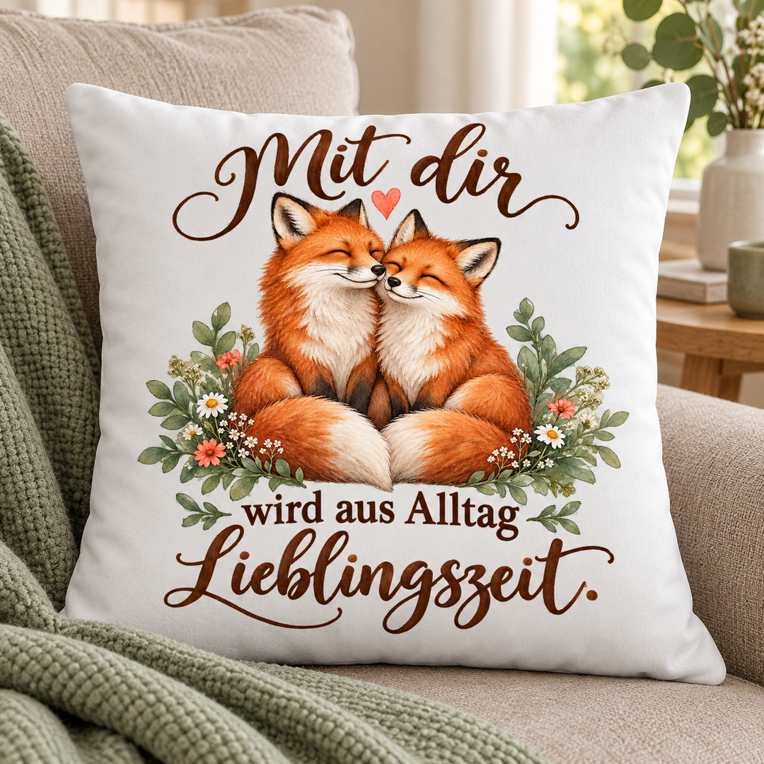 Weißes Fuchs-Kissen Mit dir wird aus Alltag Lieblingszeit – auf dem Sofa