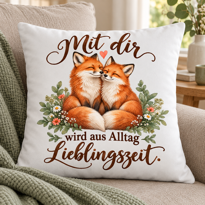 Weißes Fuchs-Kissen Mit dir wird aus Alltag Lieblingszeit – auf dem Sofa