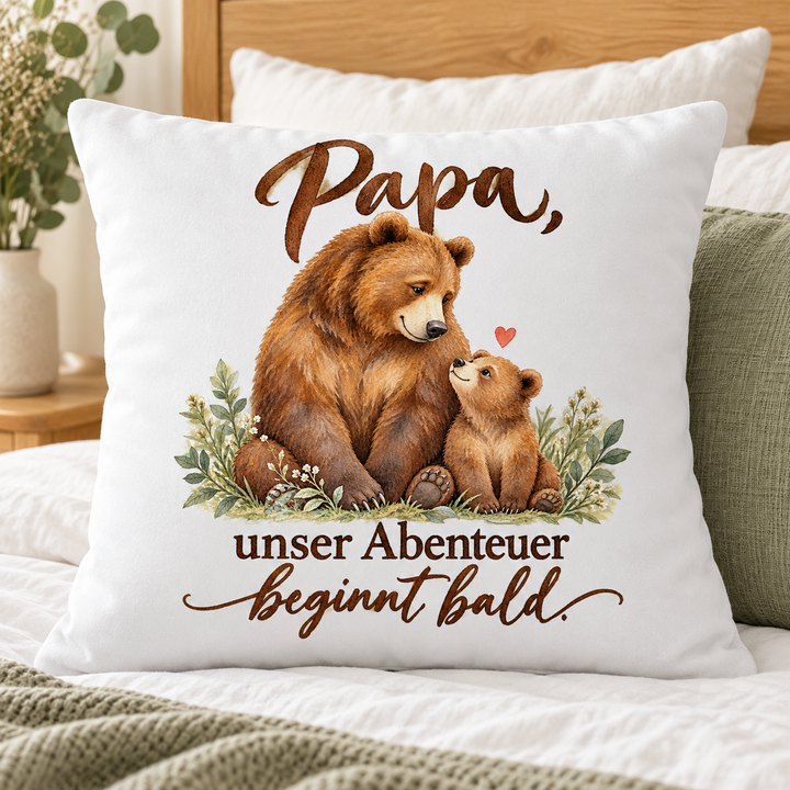 Weißes Papa-Kissen Unser Abenteuer beginnt bald – im Schlafzimmer