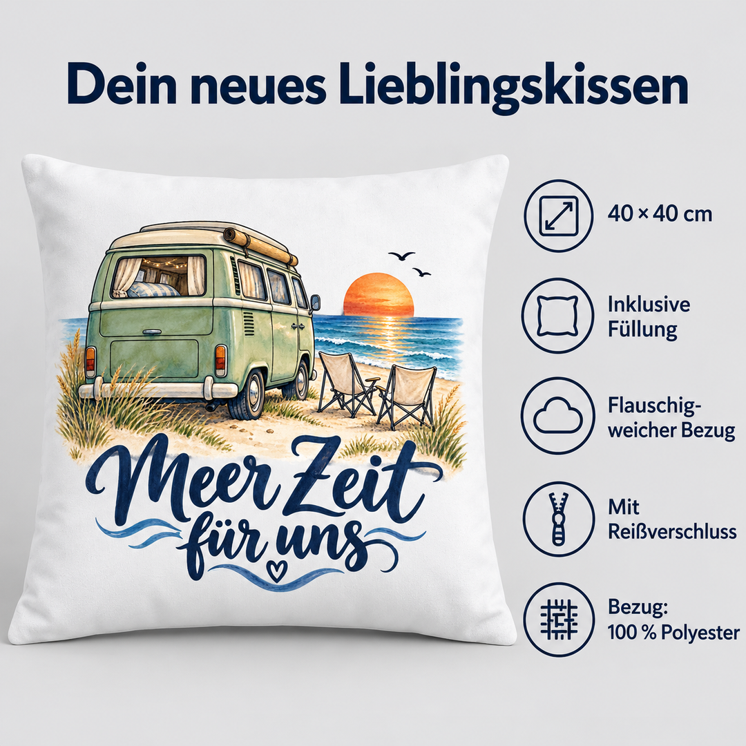 Weißes Camper-Kissen Meer Zeit für uns – Vorteile: Füllung, weicher Bezug, Reißverschluss, 40 x 40 cm und Polyester
