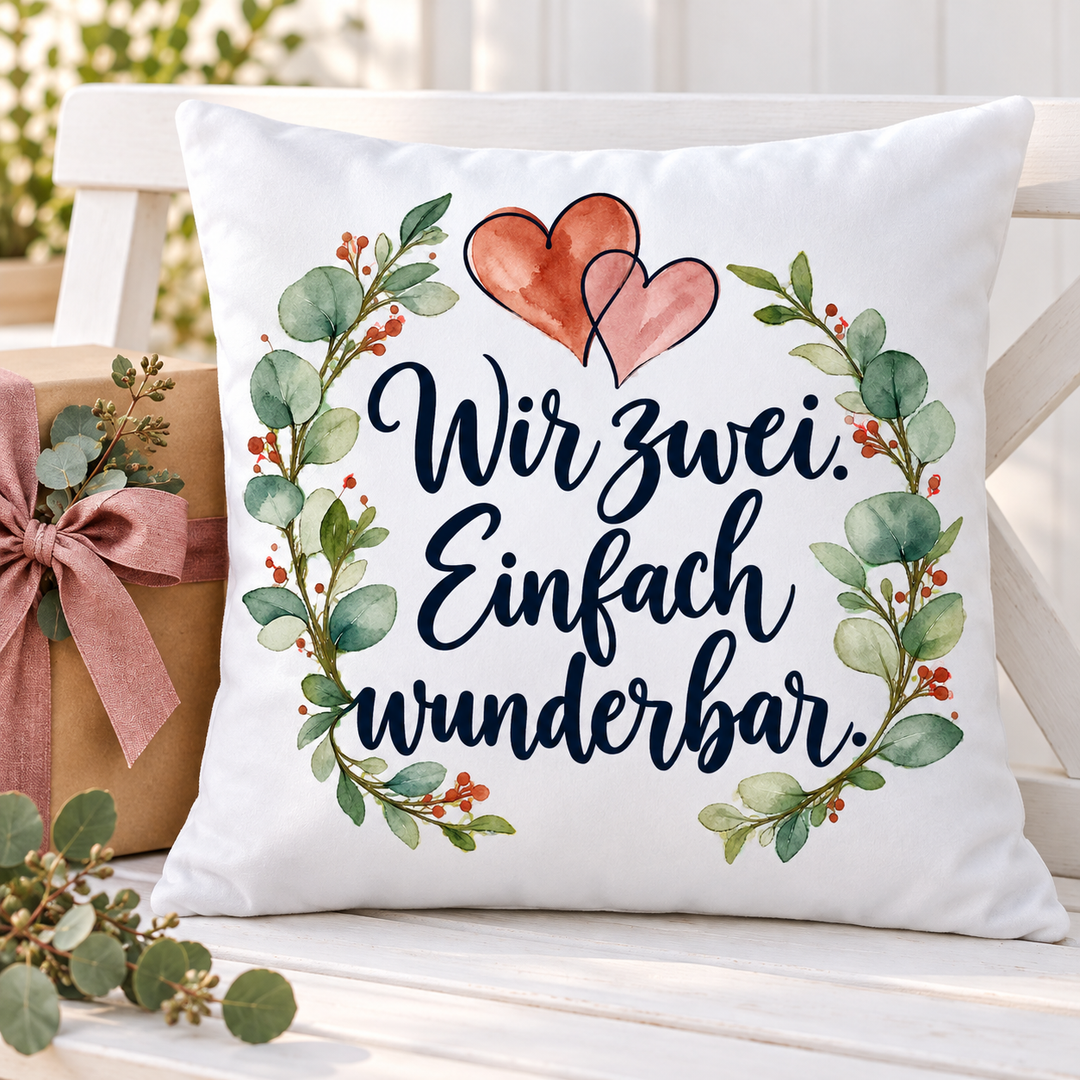 Weißes Liebeskissen „Wir zwei. Einfach wunderbar.“ – als Geschenk für Paare