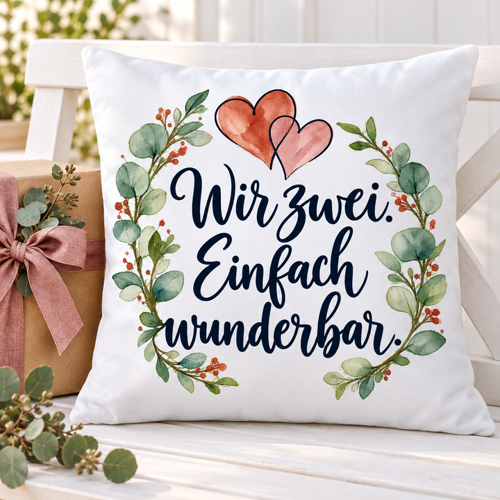 Weißes Liebeskissen „Wir zwei. Einfach wunderbar.“ – als Geschenk für Paare