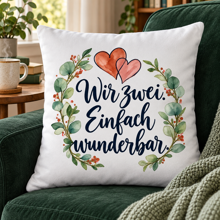 Weißes Liebeskissen „Wir zwei. Einfach wunderbar.“ – in der Leseecke