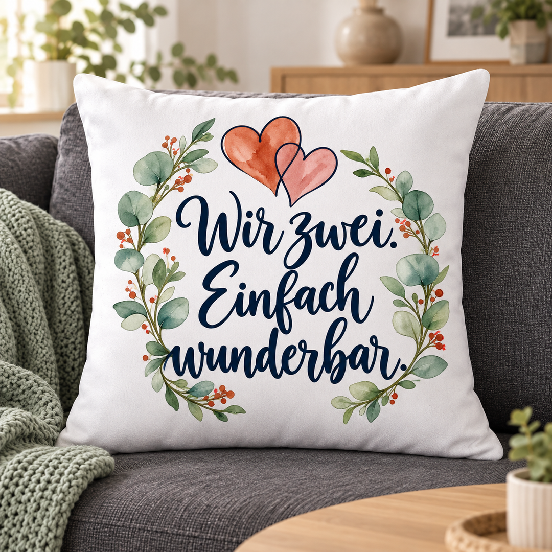 Weißes Liebeskissen Wir zwei. Einfach wunderbar. 40 x 40 cm mit Füllung – auf dem Sofa