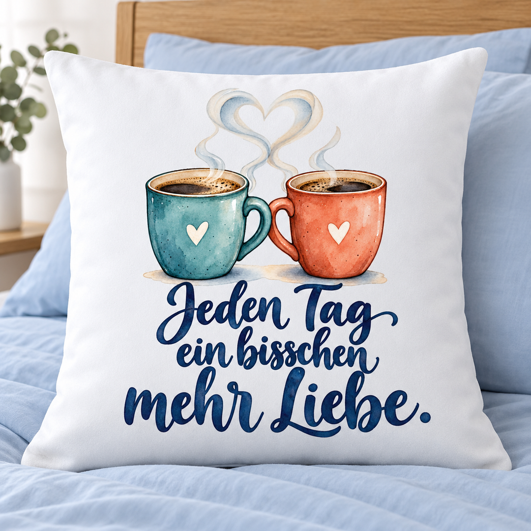 Weißes Liebeskissen „Jeden Tag ein bisschen mehr Liebe“ – im Schlafzimmer