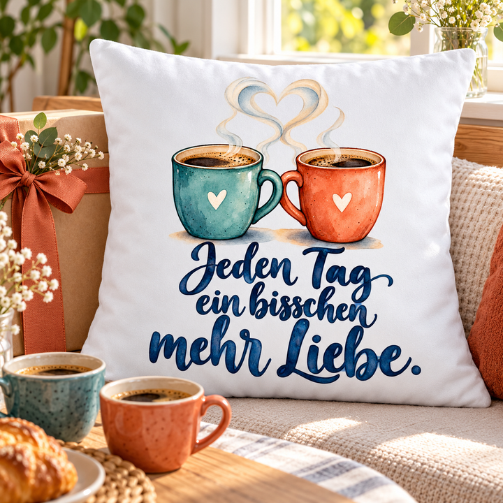 Weißes Liebeskissen „Jeden Tag ein bisschen mehr Liebe“ – als Geschenk für Paare