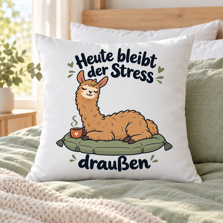 Weißes Lama-Kissen „Heute bleibt der Stress draußen“ im Schlafzimmer
