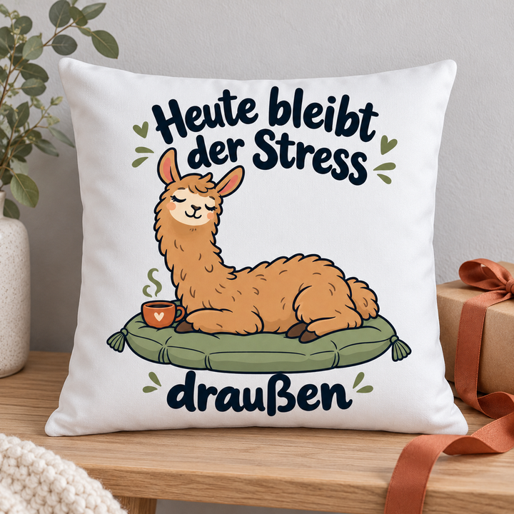 Weißes Lama-Kissen als Geschenk mit Schleife neben dem Kissen