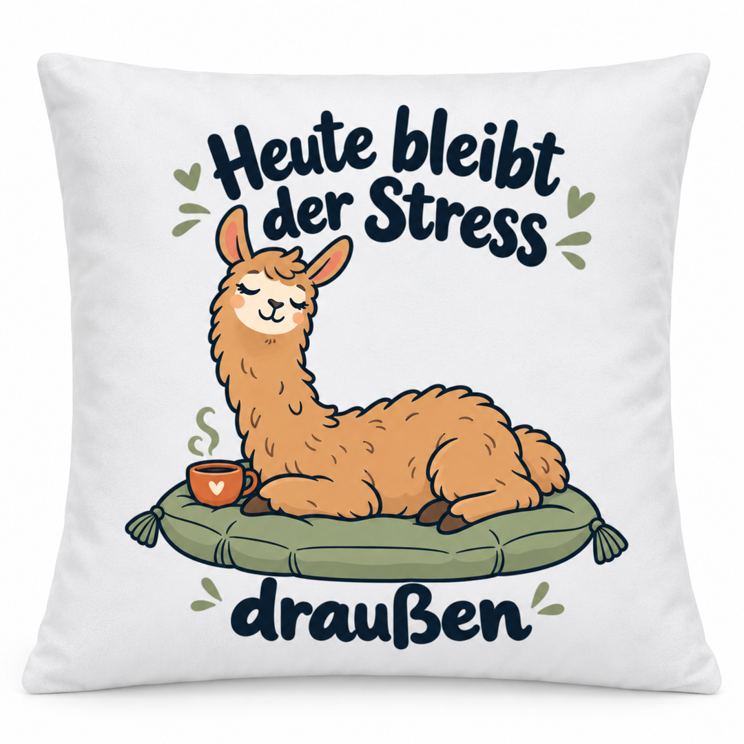 Weißes Lama-Kissen „Heute bleibt der Stress draußen“, 40 × 40 cm mit Füllung, auf weißem Hintergrund