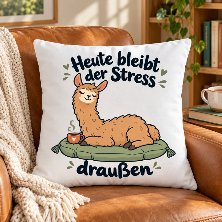 Weißes Lama-Kissen mit entspanntem Lama in einer Leseecke