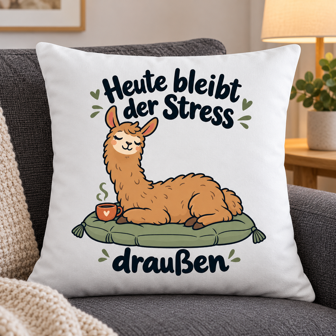 Weißes Lama-Kissen mit Spruch auf einem grauen Sofa