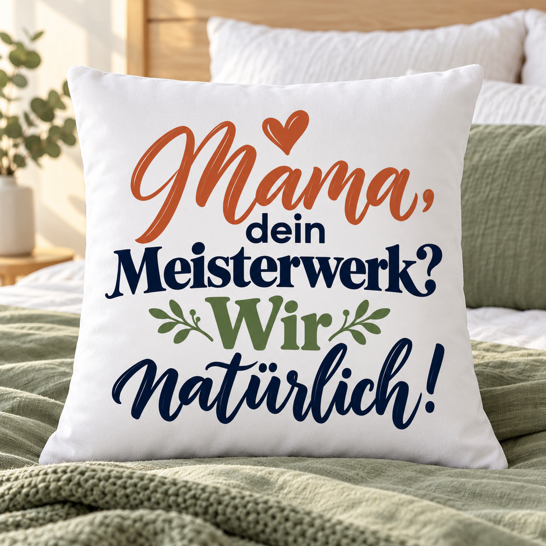 Weißes Mama-Kissen mit moderner Typografie auf einem Bett