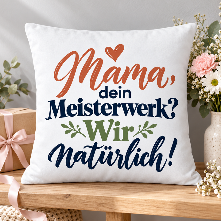 Mama-Kissen „Dein Meisterwerk? Wir natürlich!“ als Geschenk neben Blumen und Geschenkbox