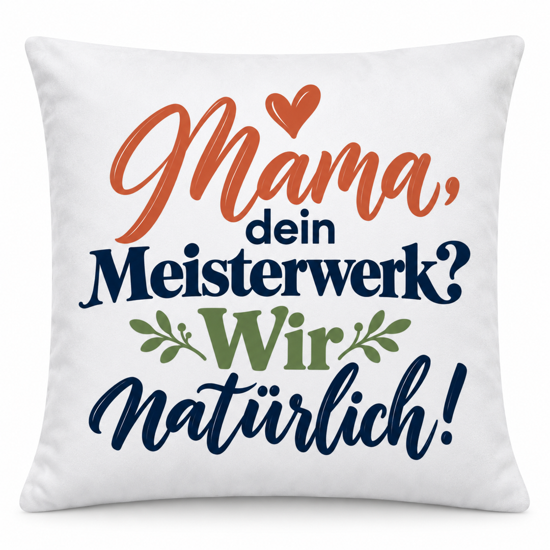 Weißes Mama-Kissen „Dein Meisterwerk? Wir natürlich!“, 40 × 40 cm inklusive Füllung
