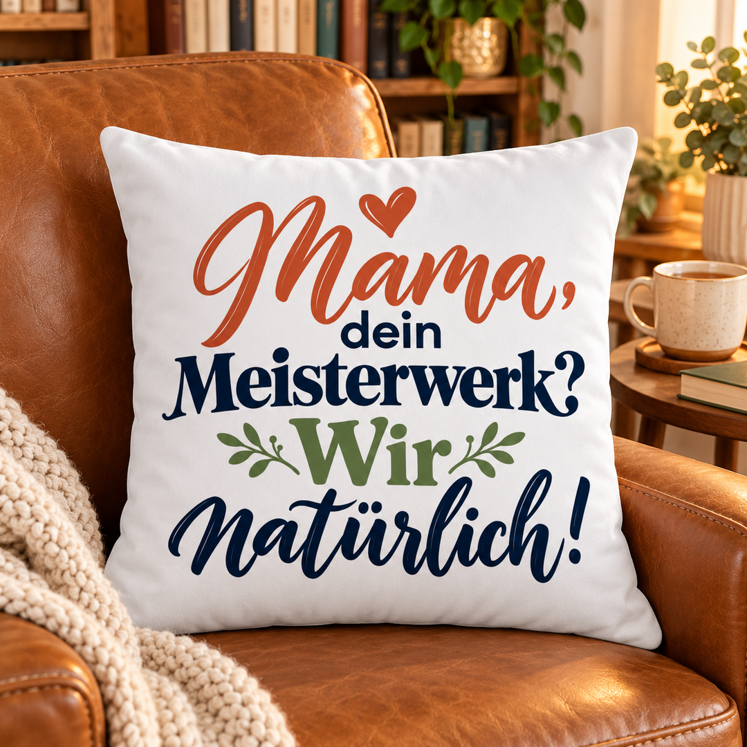 Weißes Mama-Kissen auf einem Sessel in einer Leseecke