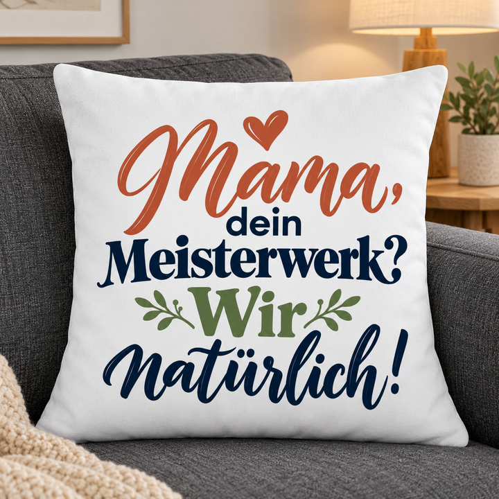 Weißes Mama-Kissen mit humorvollem Spruch auf einem grauen Sofa