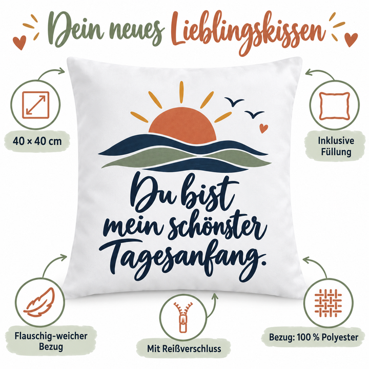 Vorteile des weißen Liebeskissens: 40 × 40 cm, Füllung inklusive, weicher Polyesterbezug mit Reißverschluss