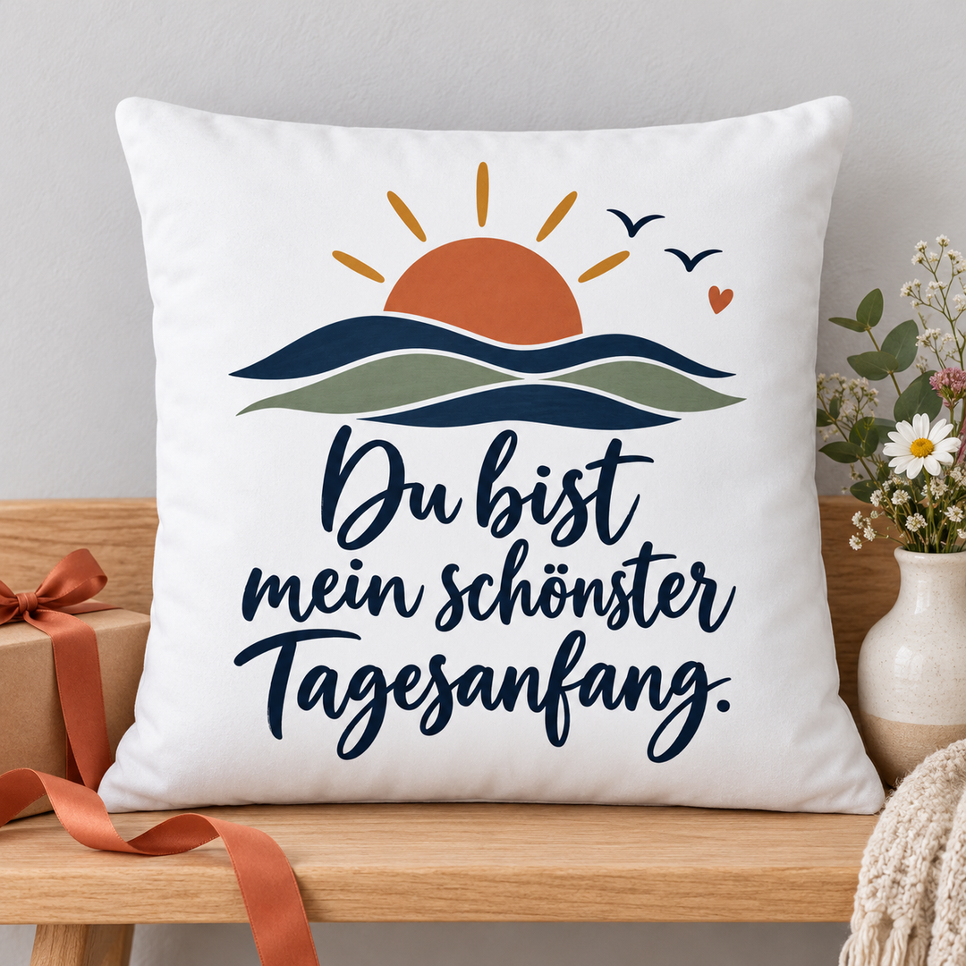 Liebeskissen mit Sonnenaufgang als Geschenk neben einer Geschenkbox