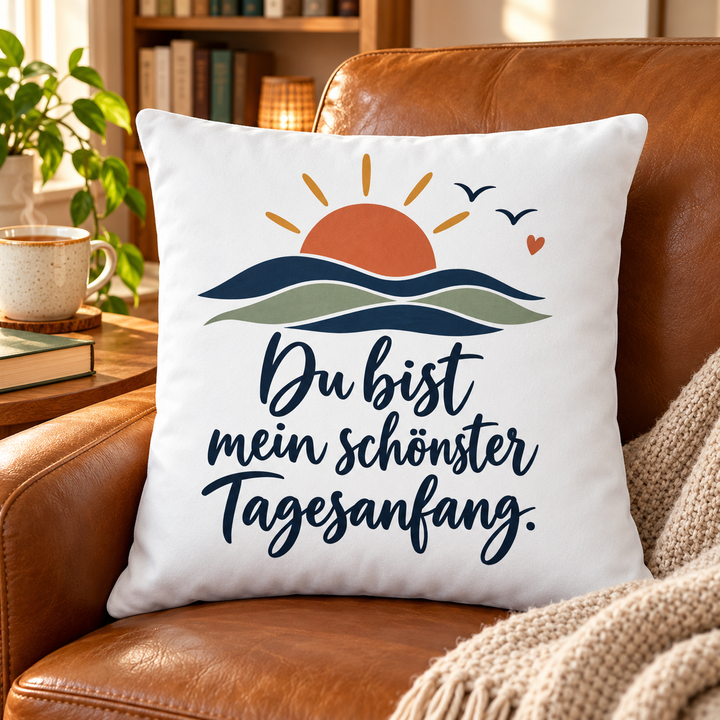 Weißes Kissen mit Sonnenaufgang und Liebesspruch in einer Leseecke