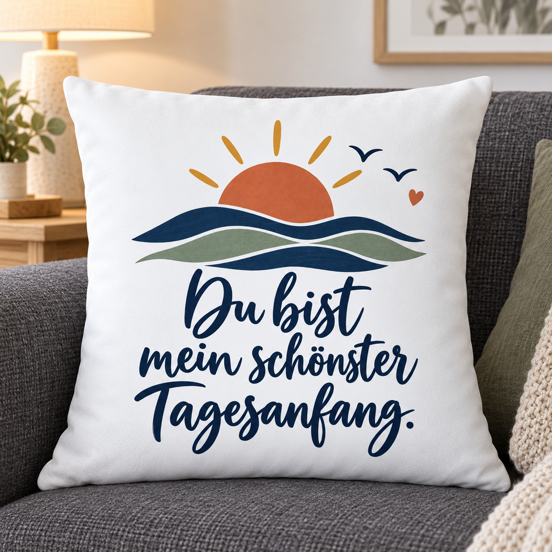 Weißes Sonnenaufgang-Kissen mit Liebesspruch auf einem grauen Sofa