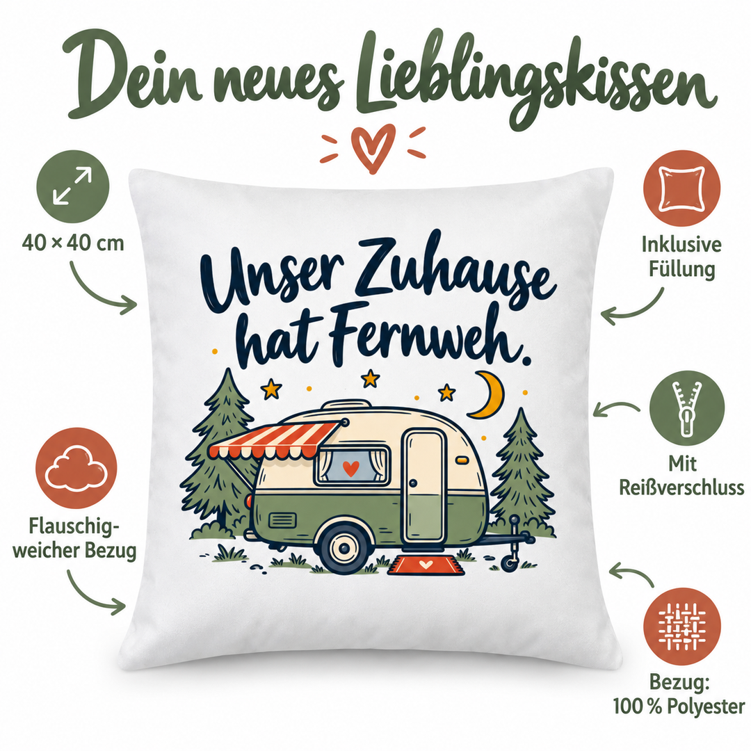 Vorteile des weißen Camping-Kissens: 40 × 40 cm, Füllung inklusive, weicher Polyesterbezug mit Reißverschluss