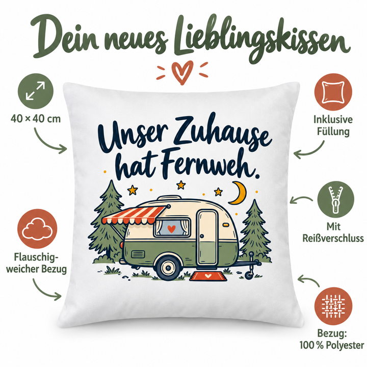 Vorteile des weißen Camping-Kissens: 40 × 40 cm, Füllung inklusive, weicher Polyesterbezug mit Reißverschluss