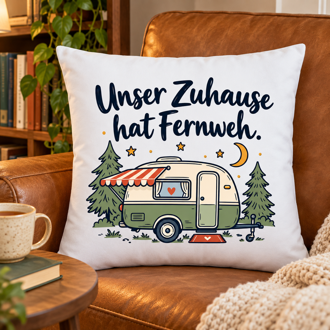Weißes Camping-Kissen mit Wohnwagenmotiv in einer Leseecke