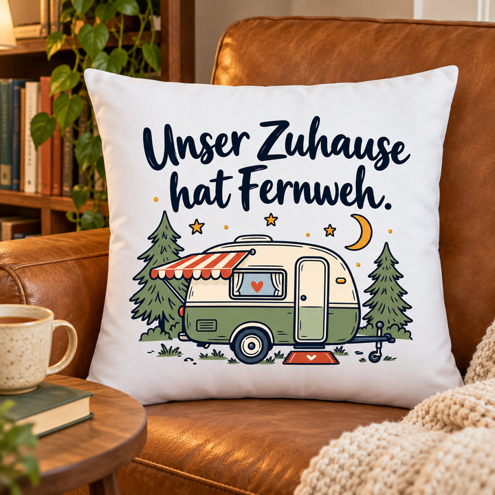 Weißes Camping-Kissen mit Wohnwagenmotiv in einer Leseecke