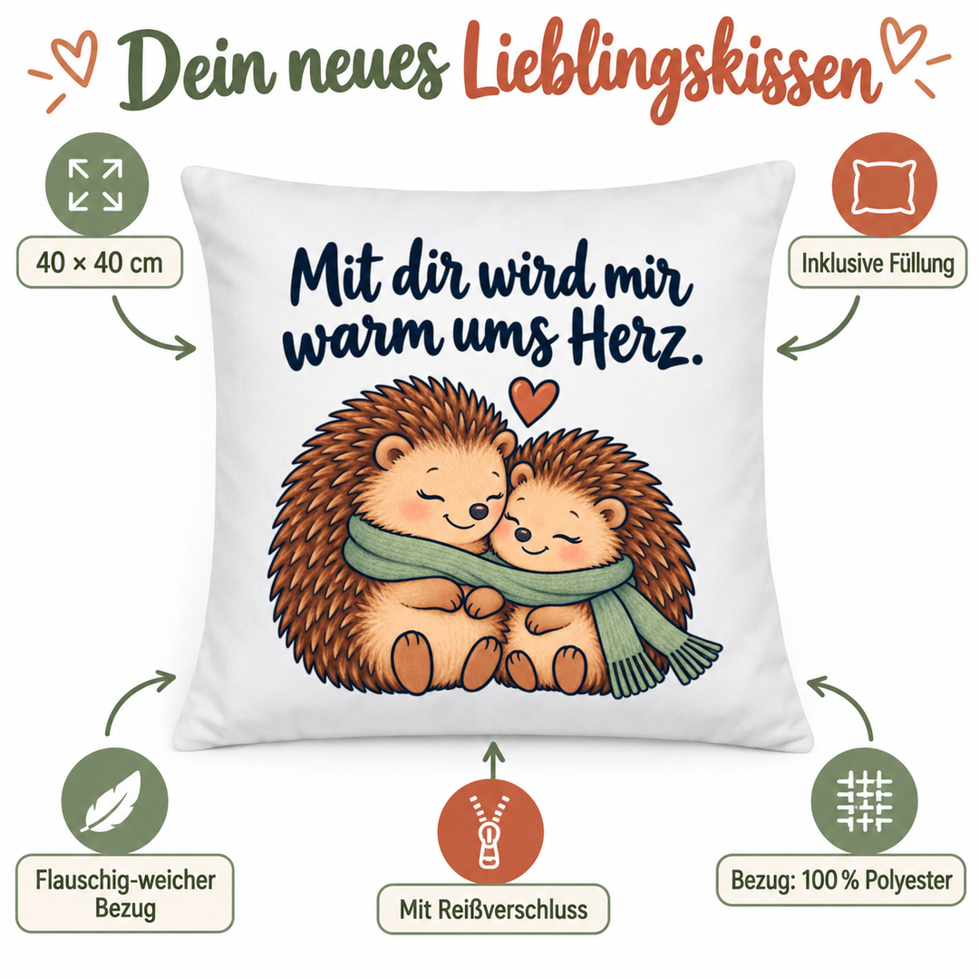 Vorteile des weißen Igel-Kissens: 40 × 40 cm, Füllung inklusive, weicher Polyesterbezug mit Reißverschluss
