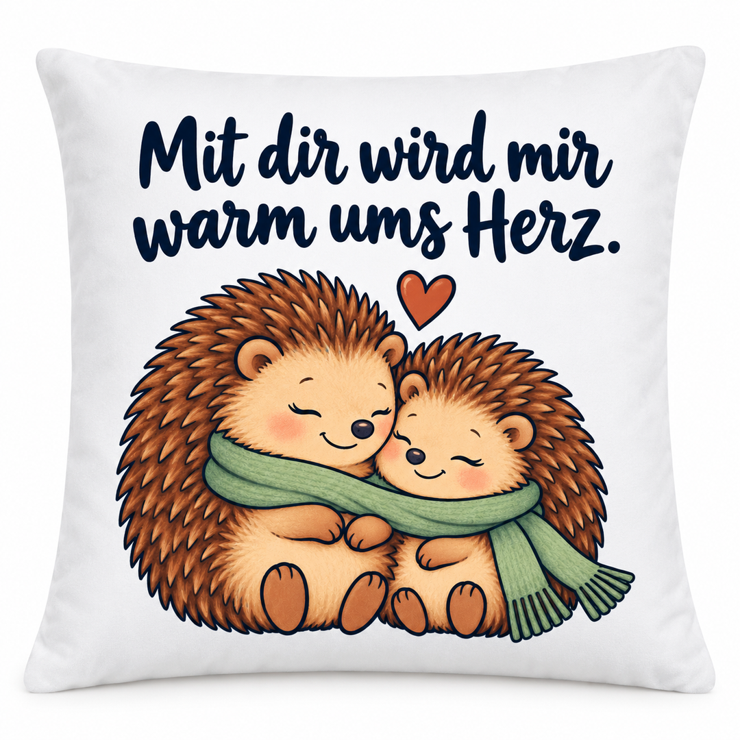 Weißes Igel-Kissen „Mit dir wird mir warm ums Herz“, 40 × 40 cm inklusive Füllung