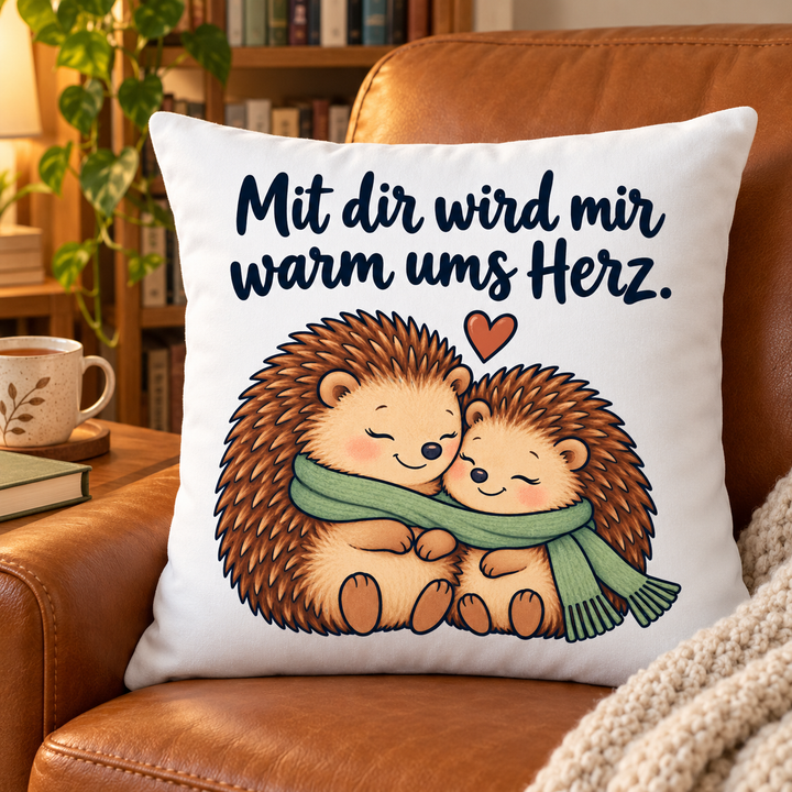 Weißes Kissen mit kuschelndem Igelpaar in einer Leseecke