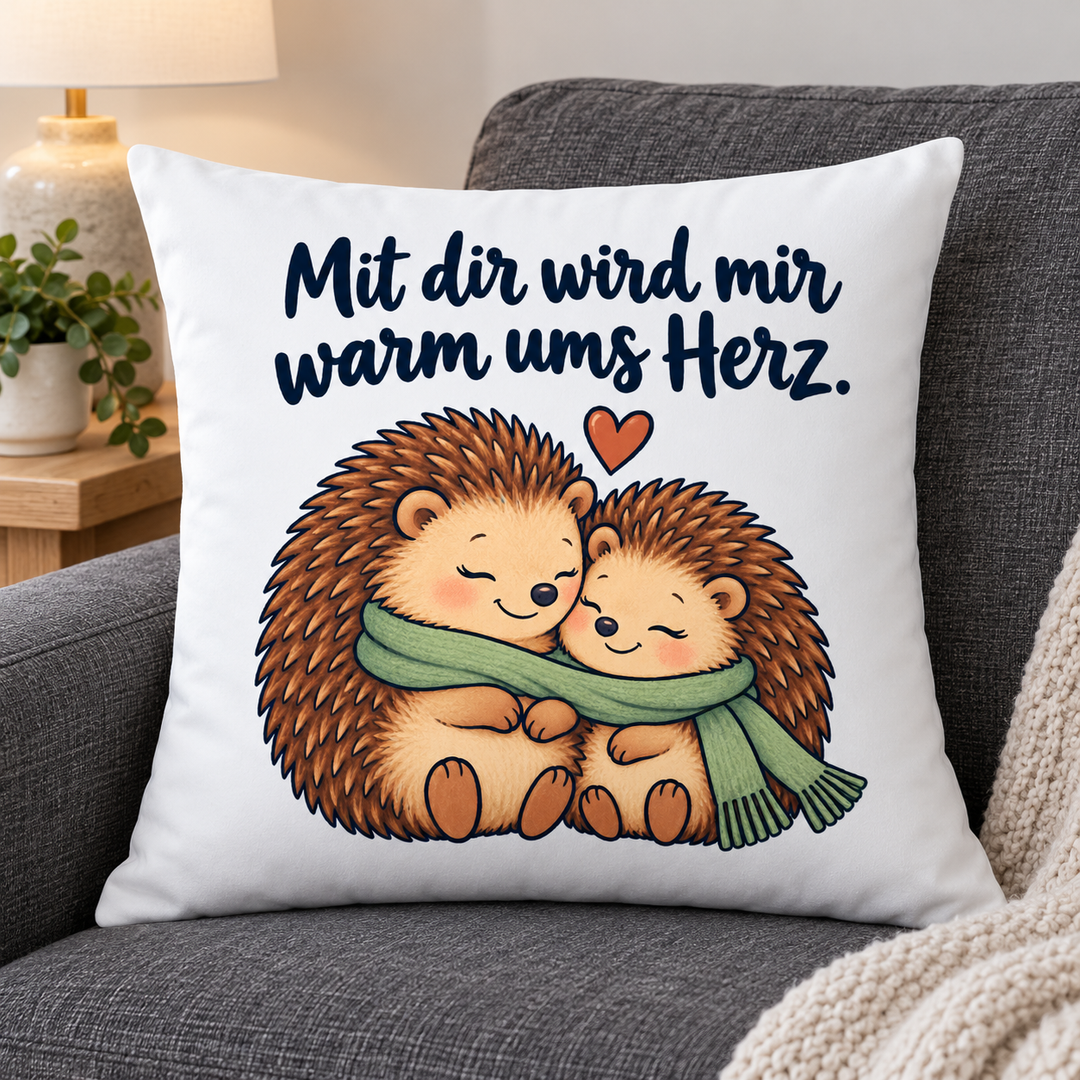 Weißes Liebeskissen mit Igelpaar und Spruch auf einem grauen Sofa