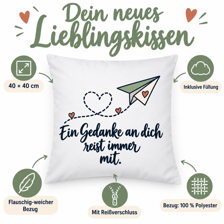 Vorteile des weißen Liebeskissens: 40 × 40 cm, Füllung inklusive, weicher Polyesterbezug mit Reißverschluss