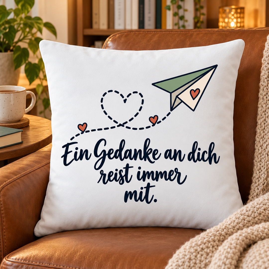 Weißes Kissen mit Papierflieger und Herzspur in einer Leseecke
