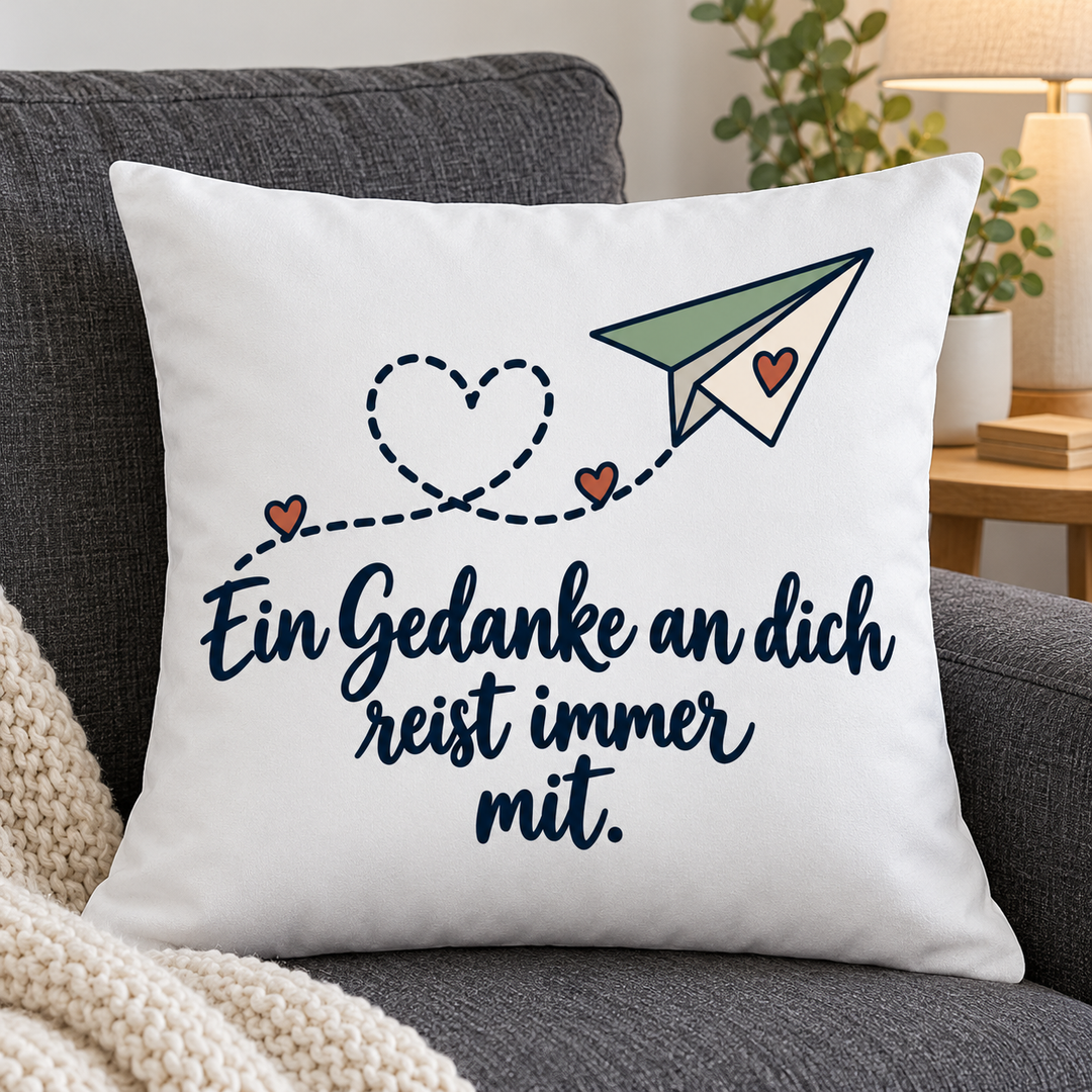 Weißes Kissen mit Papierflieger und Liebesspruch auf einem grauen Sofa