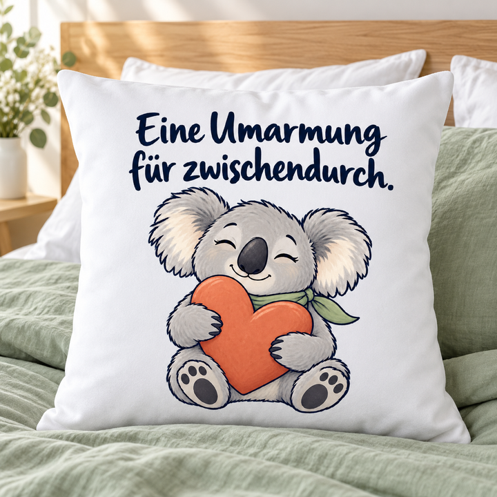Weißes Koala-Kissen mit Umarmungs-Spruch auf einem Bett
