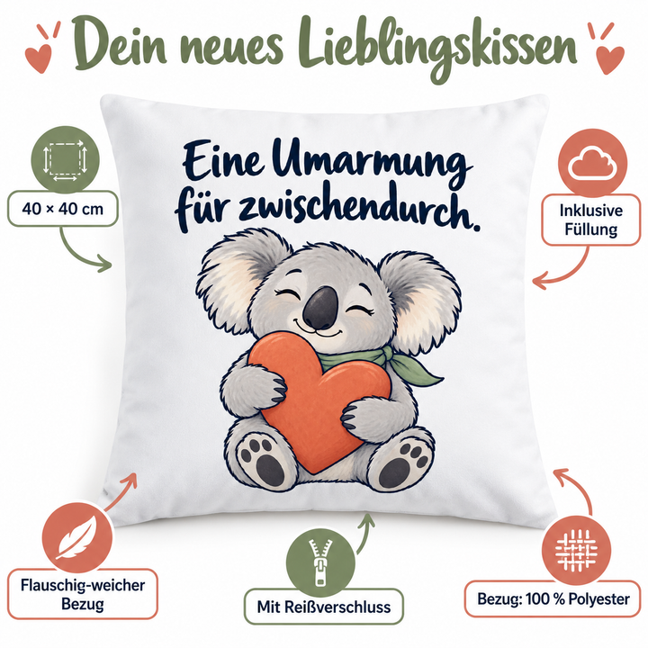 Vorteile des weißen Koala-Kissens: 40 × 40 cm, Füllung, weicher Bezug mit Reißverschluss