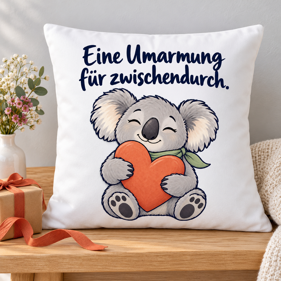 Koala-Kissen „Eine Umarmung für zwischendurch“ neben einer Geschenkbox
