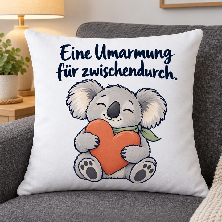 Weißes Kissen mit Koala und Herz auf grauem Sofa